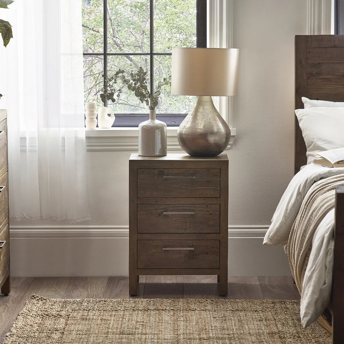 Barnes Pine Wood Bedside Table | 3 Drawers